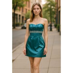 2/$30 Oleg Cassini Aqua Blue Strapless Semi-formal Empire Waist Dress Size 8